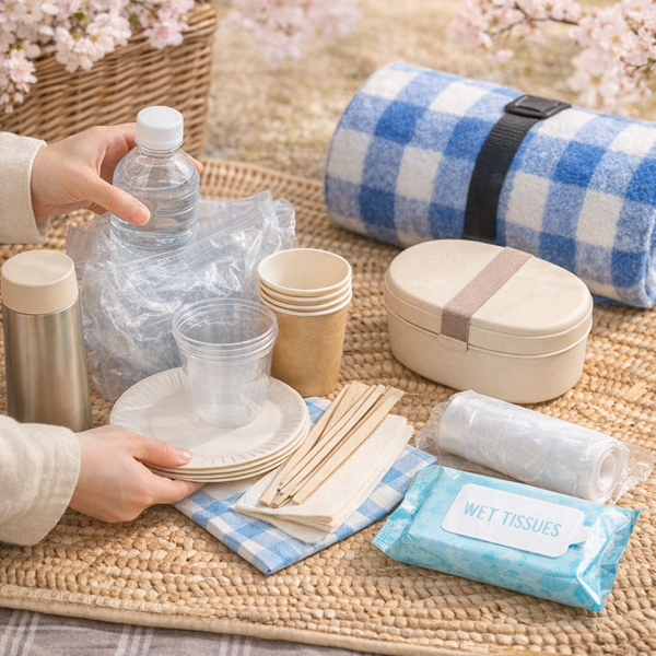 ピクニックの準備と桜の風景