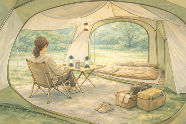 日差しの中のキャンプシーン