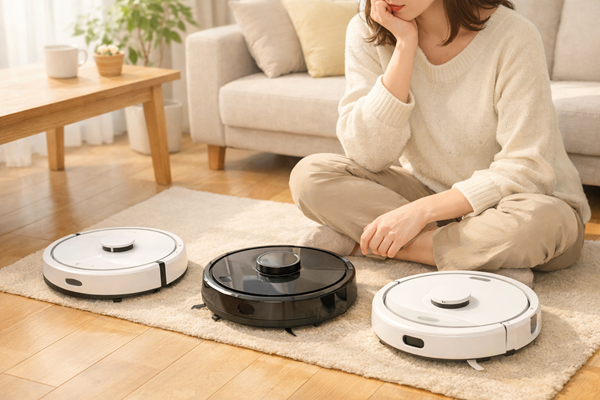 ロボット掃除機に見入る女性