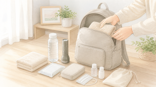 明るい室内で1人用の防災リュックと水やライトなどの防災グッズを確認しているイラスト