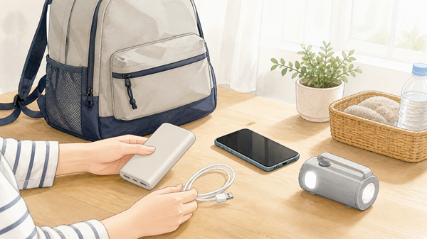 防災リュックとモバイルバッテリー、スマホ、充電ケーブル、防災ライトをテーブルに並べて確認しているイラスト