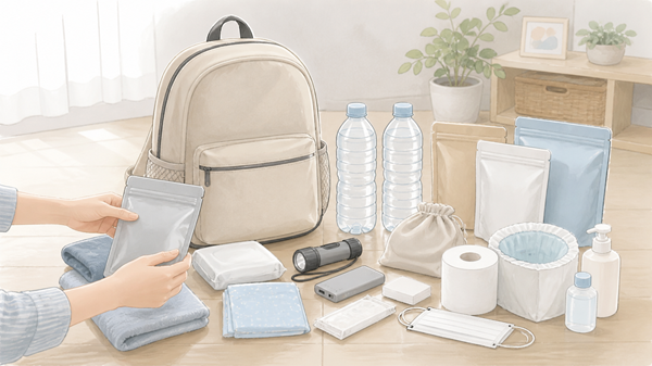 防災リュックと水・非常食・懐中電灯・モバイルバッテリーなどの持ち物を室内で整理しているイラスト