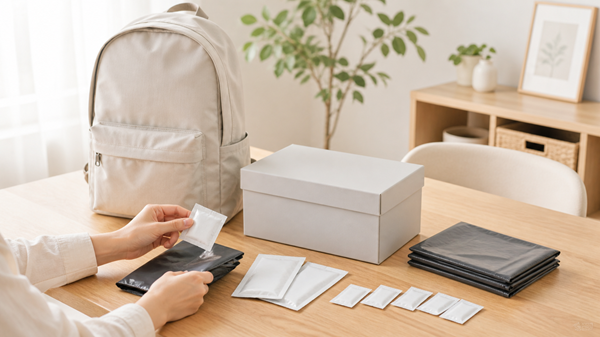 防災リュックと非常用トイレ風の備蓄品をテーブルに並べて確認しているやさしいイメージ