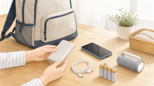 防災リュックとモバイルバッテリー、スマホ、充電ケーブル、乾電池、防災ライトをテーブルに並べて確認しているイラスト